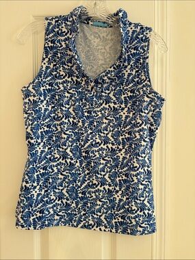 Sleeveless Collared Floral Print Top - Blue & White by J McLaughlin